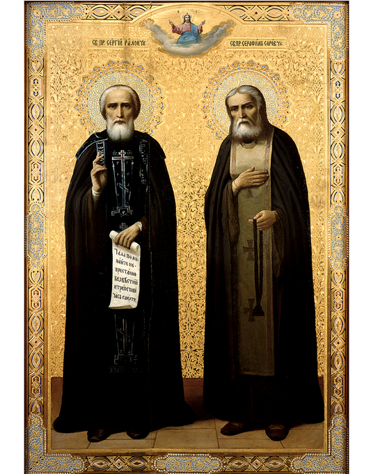 Saints Sergius of Radonezh and Seraphim of Sarov. Wooden orthodox icon