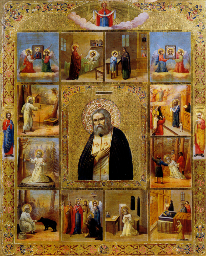 Saint Venerable Wonderworker Seraphim of Sarov, with Scenes from His Life. Wooden orthodox icon.