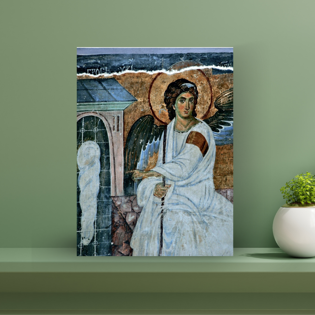 This handmade Orthodox wooden icon features the White Angel of Mileseva, one of the most revered and iconic images in Serbian Orthodox Christianity. A symbol of resurrection, peace, and national identity, this sacred image is a reproduction of the famous 13th-century fresco located in the Church of the Ascension at Mileseva Monastery, Serbia.