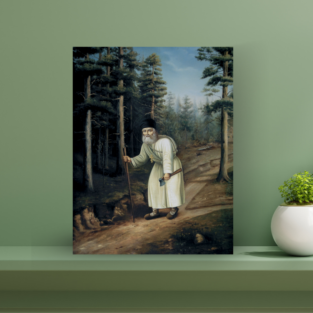 Seraphim of Sarov kneeling icon on wooden background

Religious art of saint in the wilderness on handcrafted wood