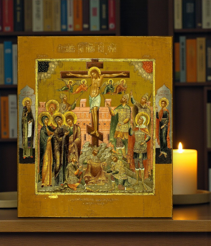 Icon of the Crucifixion of Jesus Christ with saints Paisius the Great and Boniface the Martyr