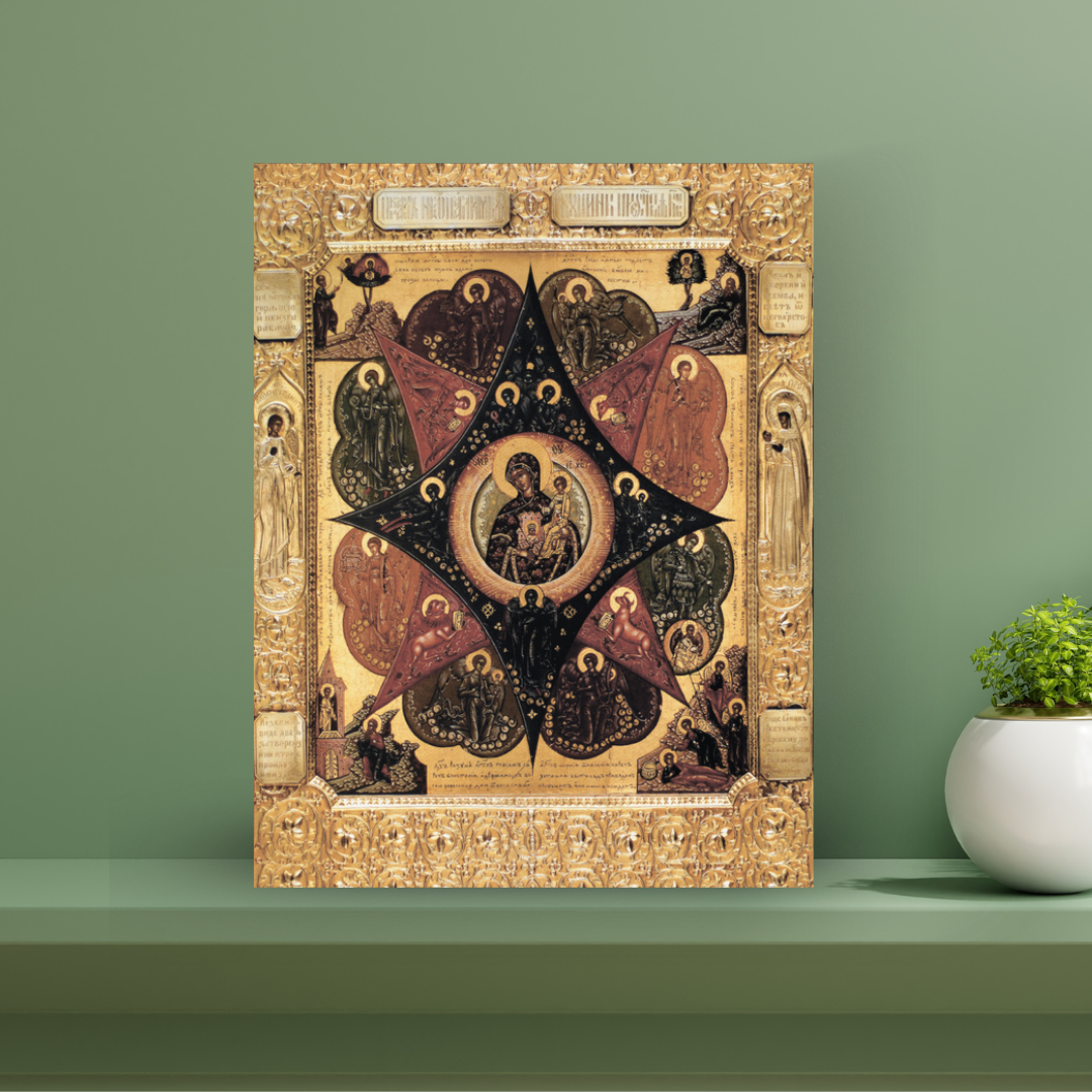 Sacred icon of Mary protecting homes from spiritual and natural fire