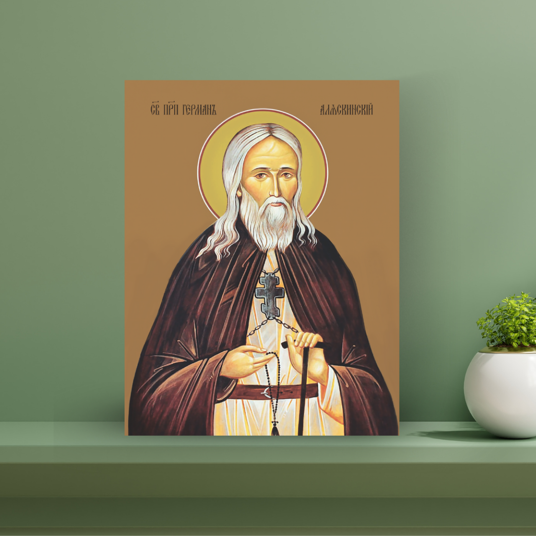 Religious icon of Saint Herman in wilderness solitude