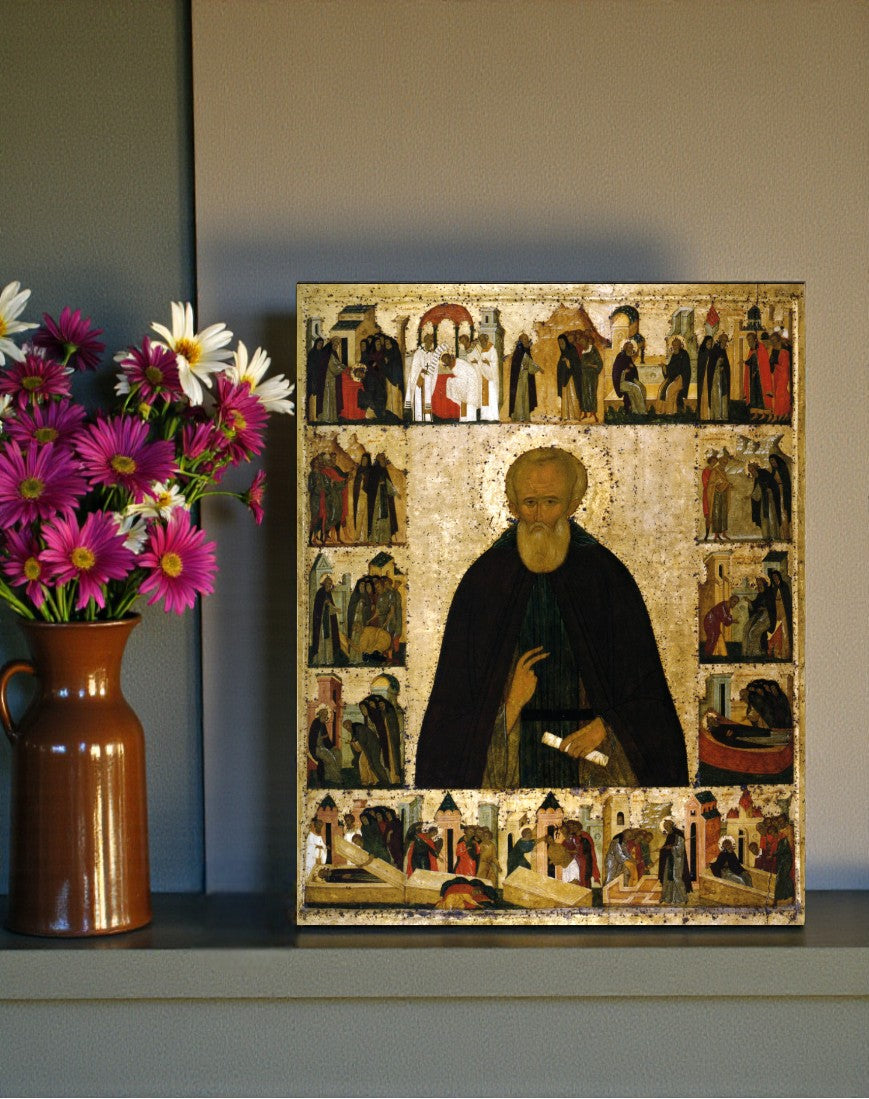 Saint Demetrius of Priluki icon featuring monastic life and miracles