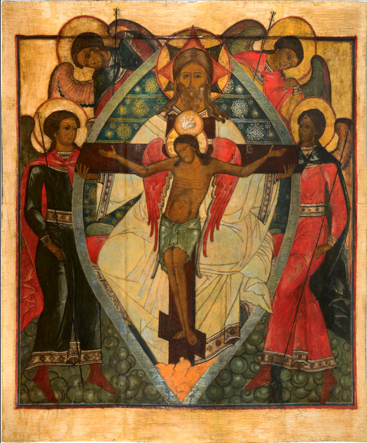 The New Testament Trinity with the Crucifixion of Jesus Christ. Wooden orthodox icon.