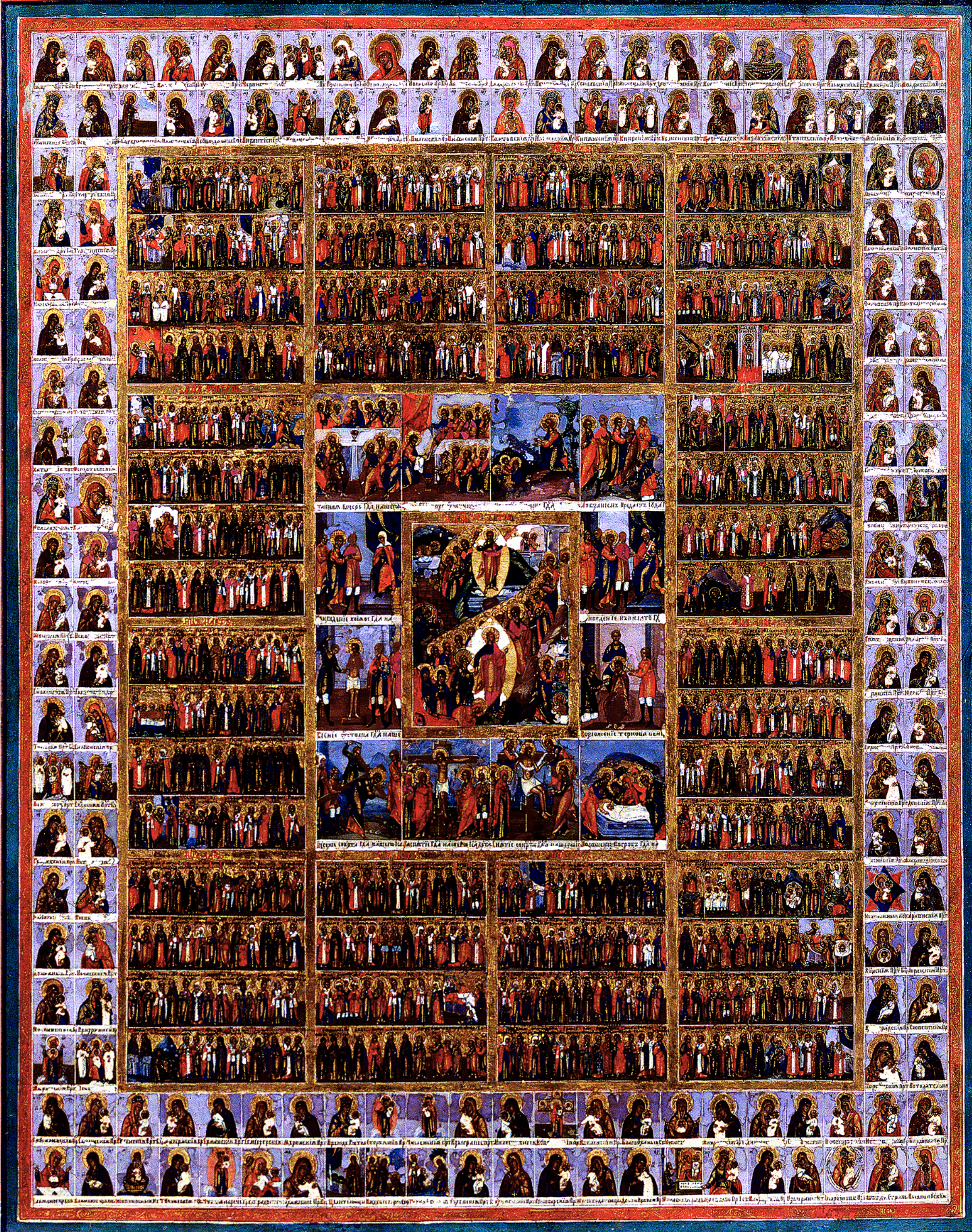 The Assembly of All Saints, the Resurrection of Christ, and 156 Icons of the Theotokos. Wooden orthodox icon.