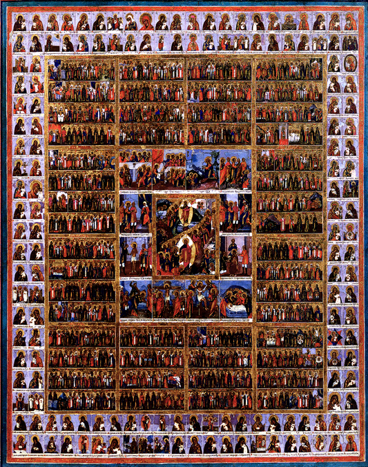 The Assembly of All Saints, the Resurrection of Christ, and 156 Icons of the Theotokos. Wooden orthodox icon.