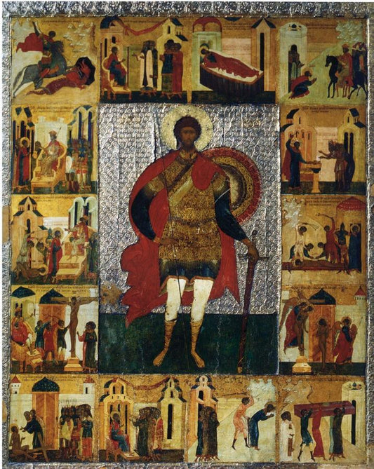 Saint Greatmartyr Theodore Stratilates of Heraclea, with scenes from his life. Wooden orthodox icon