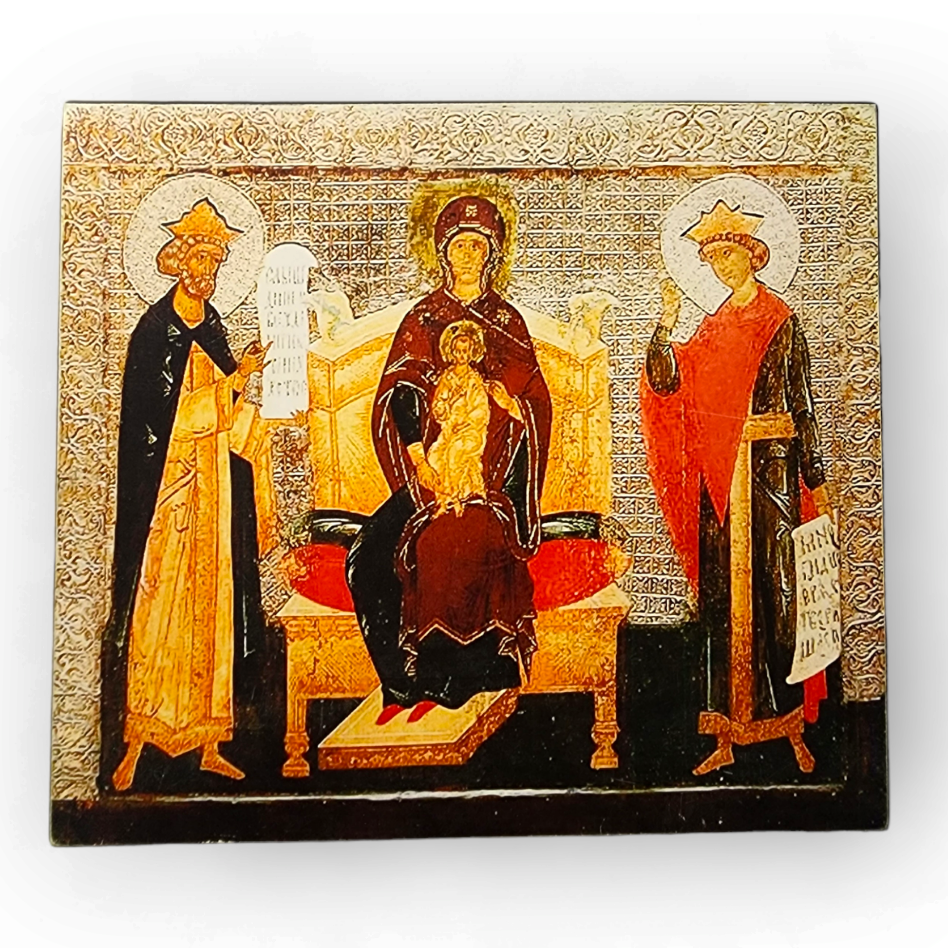 The Mother of God Enthroned, with the Prophets David and Solomon. Wooden orthodox icon.