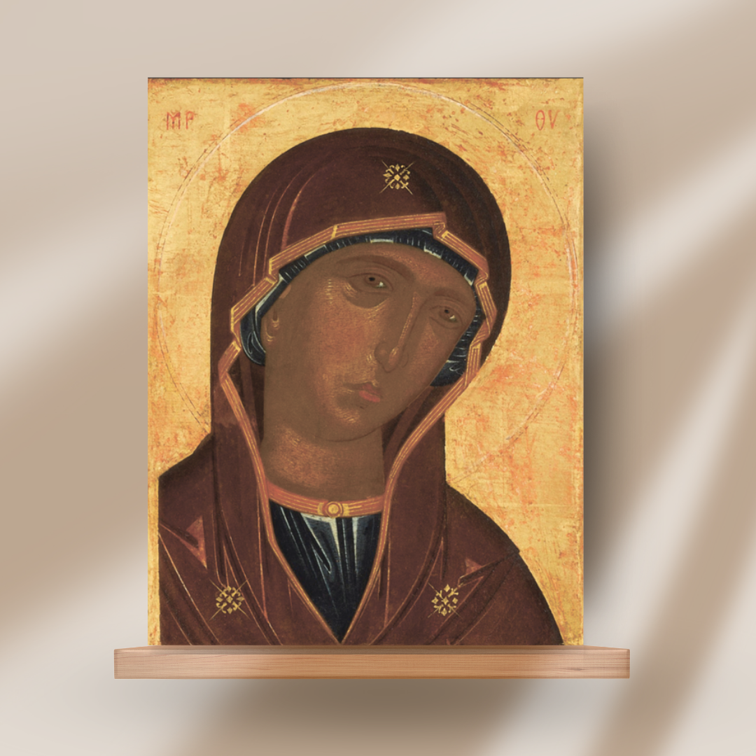 Beautiful Virgin Mary icon with MP ΘY and contemplative expression