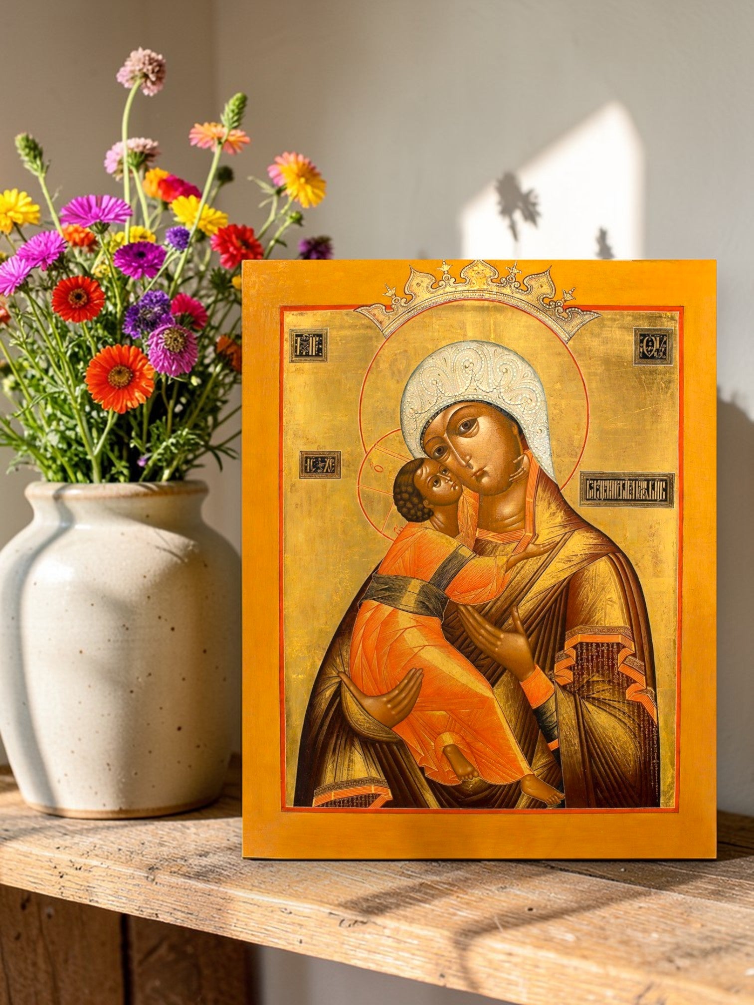 sacred icon depicts the Vladimir Mother of God (Theotokos of Vladimir)