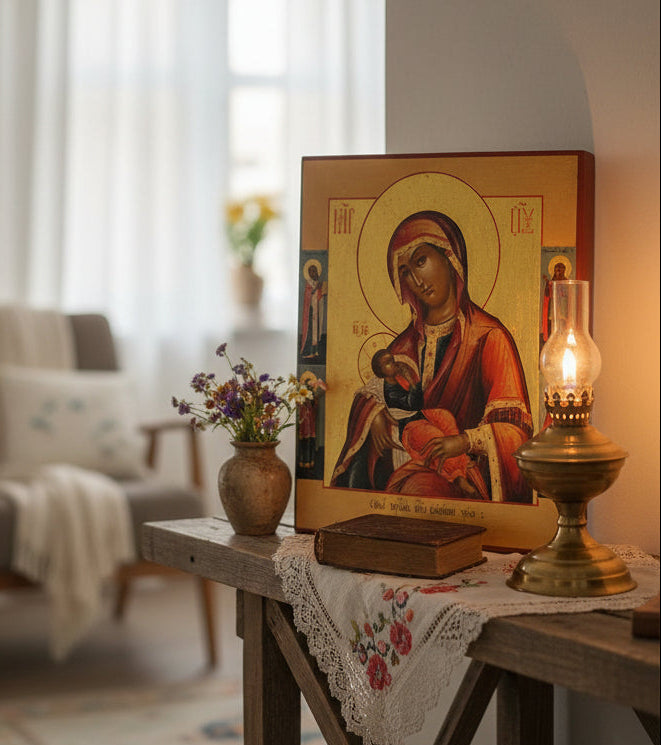 The "Blessed Womb" icon is especially venerated by mothers and families, as it represents the Theotokos in her most tender maternal role — nourishing the Divine Child who came to nourish the world with the Bread of Life.