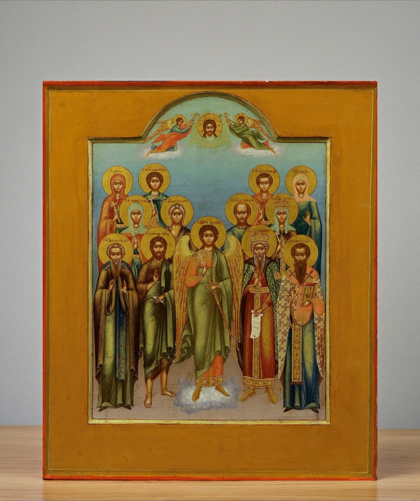 Rare museum-quality Russian Orthodox icon (c.1900) depicting the Guardian Angel with twelve chosen saints and Christ Not Made by Hands.