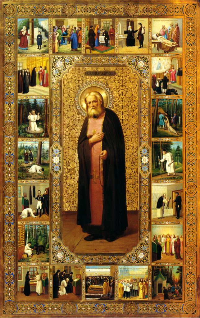 Saint Venerable Wonderworker Seraphim of Sarov, with Scenes from His Life. Wooden orthodox icon.