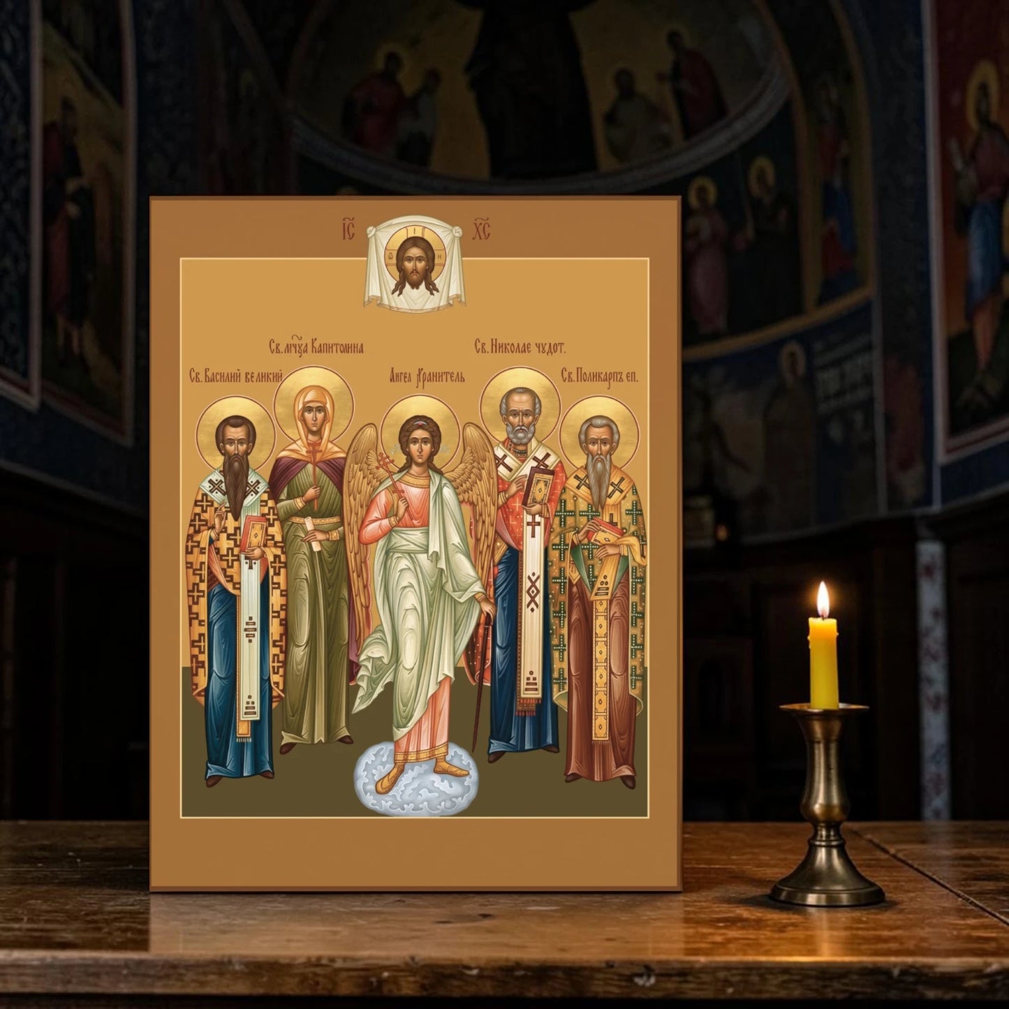 Icon of Saints Basil the Great, Capitolina, Nicholas the Wonderworker, Polycarp of Smyrna & Guardian Angel | Family Icon