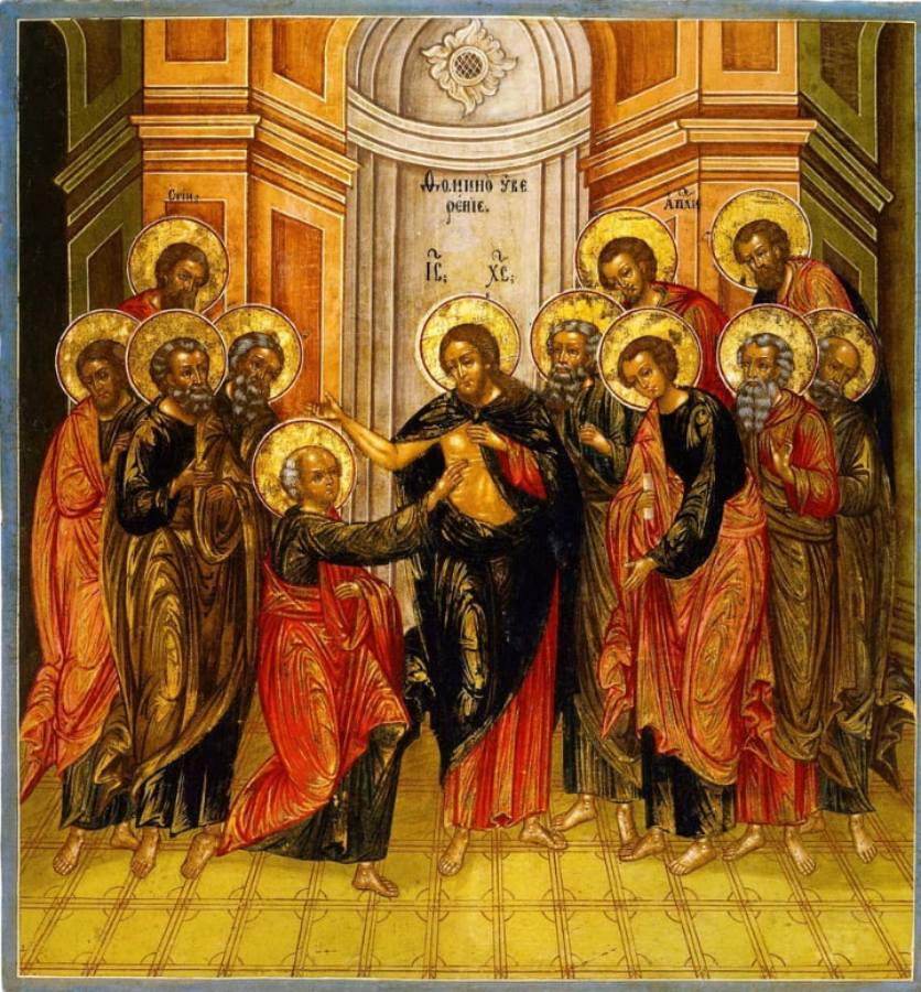 The iconography is based on a story from the Gospel, which tells how Christ appeared to the disciples after the Resurrection, but Thomas was not with them at that time, and when the apostles told him about it, he did not want to believe it at all: “Unless I see in His hands the print of the nails, and put my finger into the print of the nails, and put my hand into His side, I will not believe” (Gospel of John, 20). And so the Savior appears to the disciples again and shows Thomas His wounds so that he can t