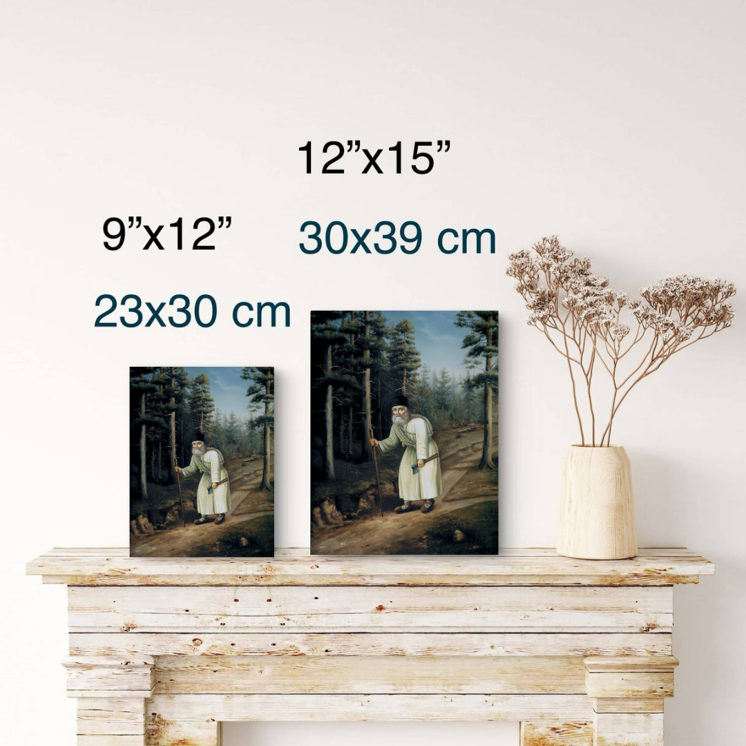 Icon of Saint Seraphim during forest solitude and meditation

Handmade spiritual icon of Saint Seraphim on wood panel