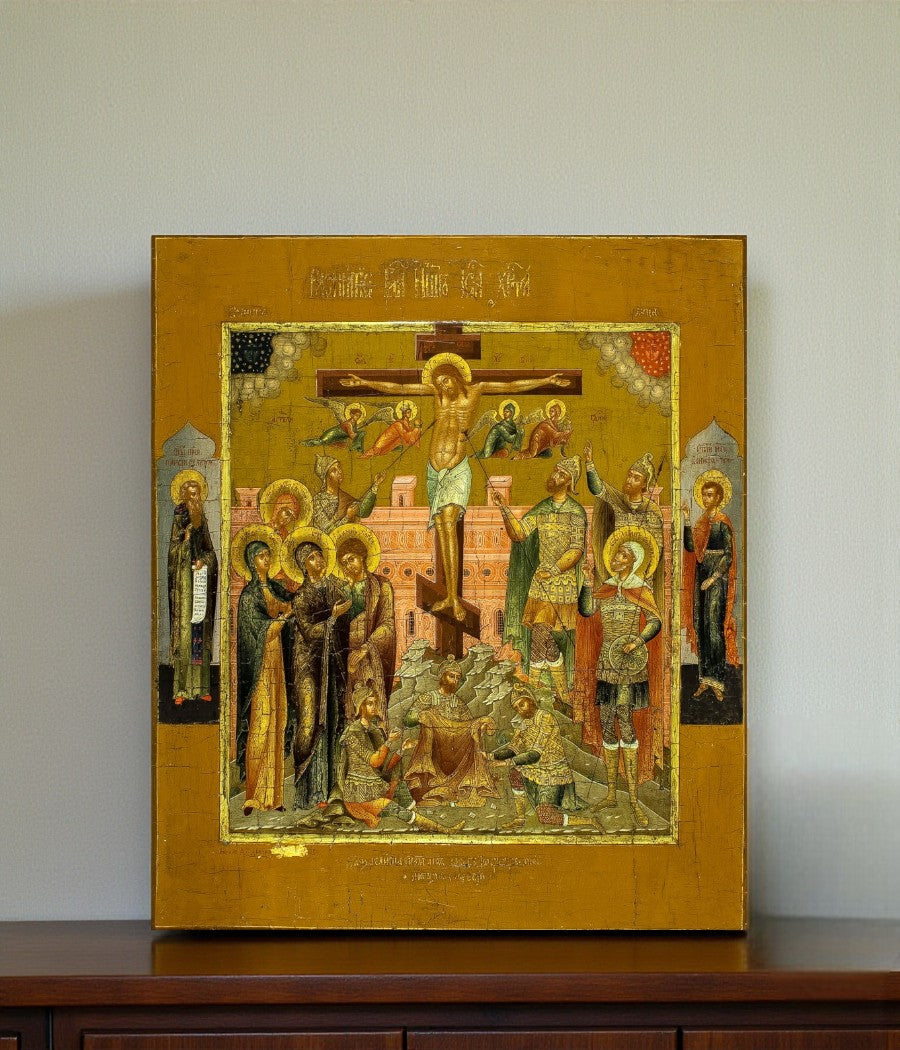 At the center of the composition stands the Cross of Golgotha, upon which hangs the crucified Savior. This is the moment when heaven and earth were reconciled, when Christ voluntarily laid down His life to redeem mankind from sin and death. 