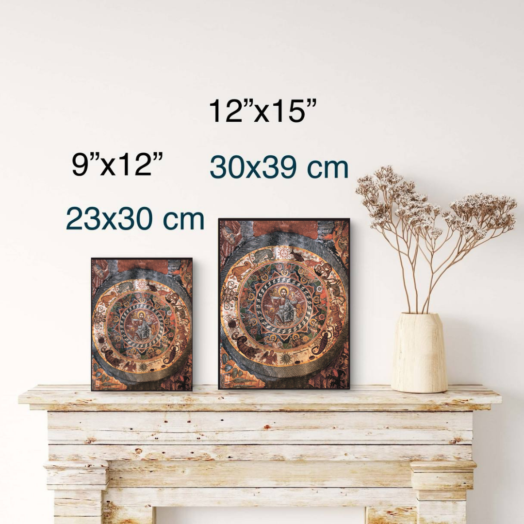 Iconographic artwork with Christ ruling over time seasons and constellations

