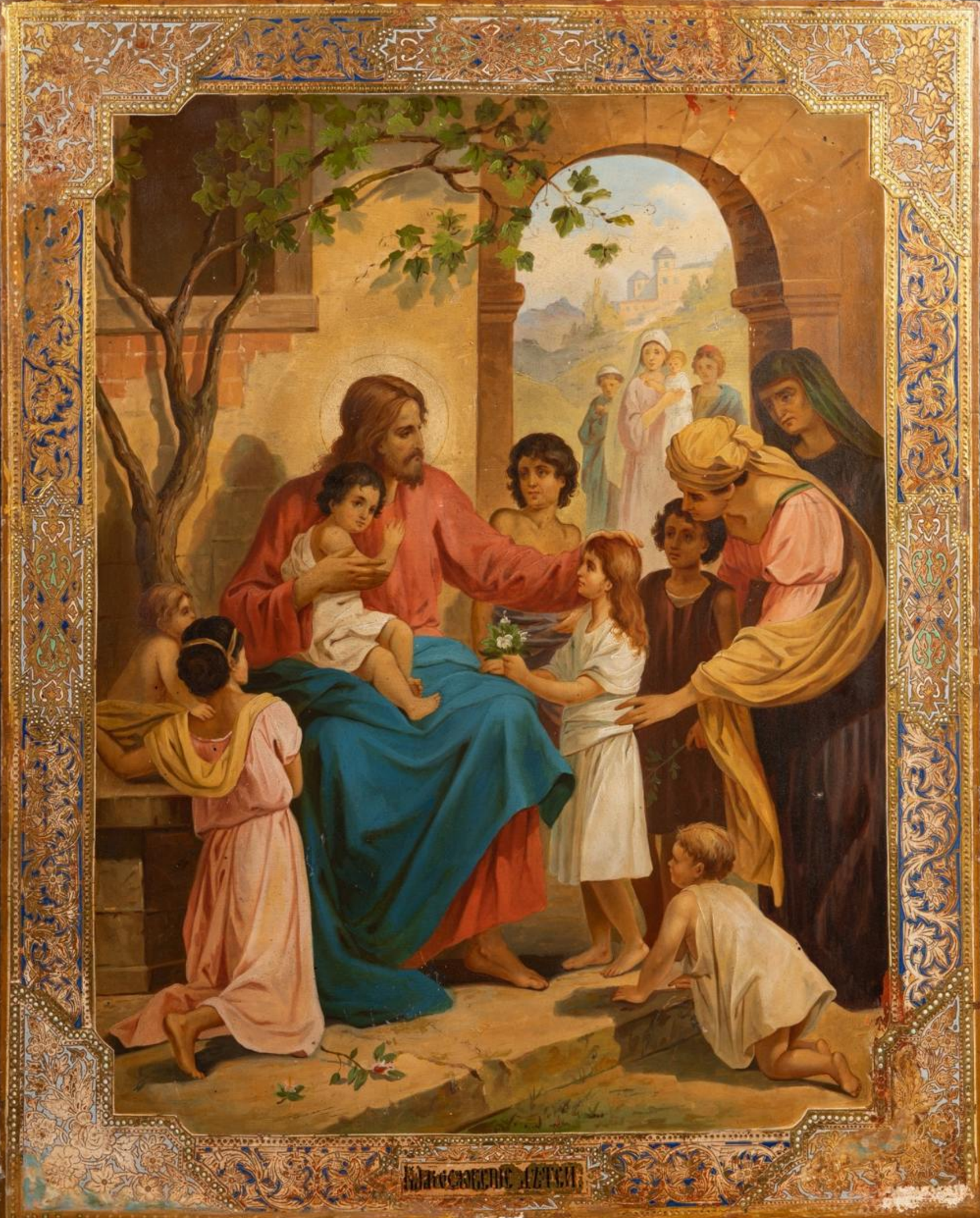 Lord Jesus Christ the Savior blesses the children ("Blessing of the Infants"). Wooden orthodox icon (Copy)