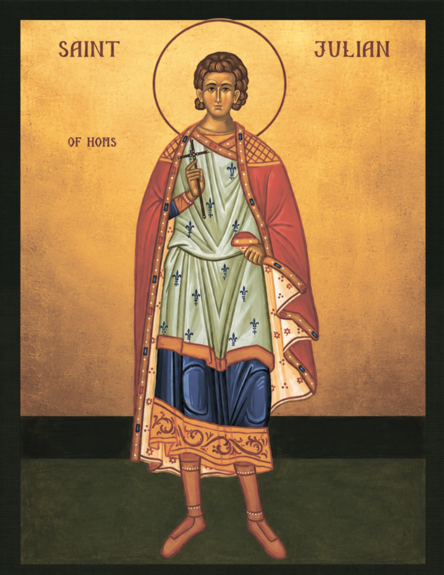 An Eastern Orthodox style icon of Saint Julian of Homs, depicted standing on a dark green ground against a textured gold background. The saint wears a light green tunic with blue crosses, a red cloak, and blue trousers.