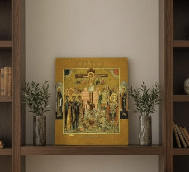 Icon of the Crucifixion of Jesus Christ with saints Paisius the Great and Boniface the Martyr