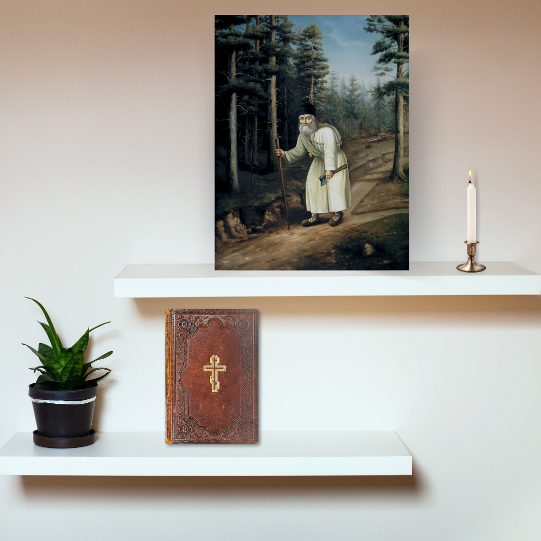 Peaceful image of Orthodox monk Saint Seraphim in deep prayer