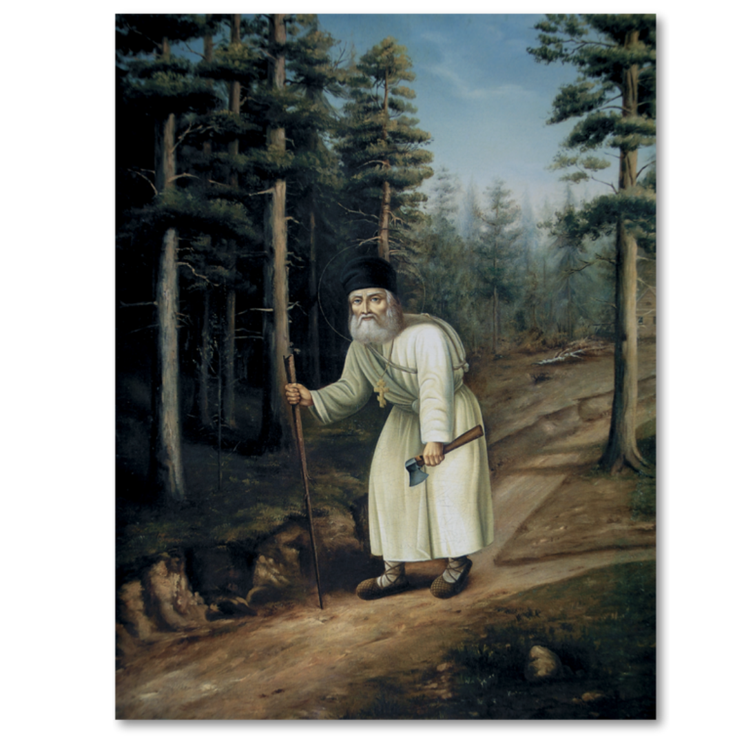 Orthodox icon of Saint Seraphim of Sarov kneeling in the forest

Wooden handmade icon of praying Saint Seraphim in nature
