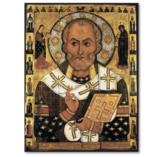 Medieval icon Saint Nicholas surrounded by saints and heavenly court