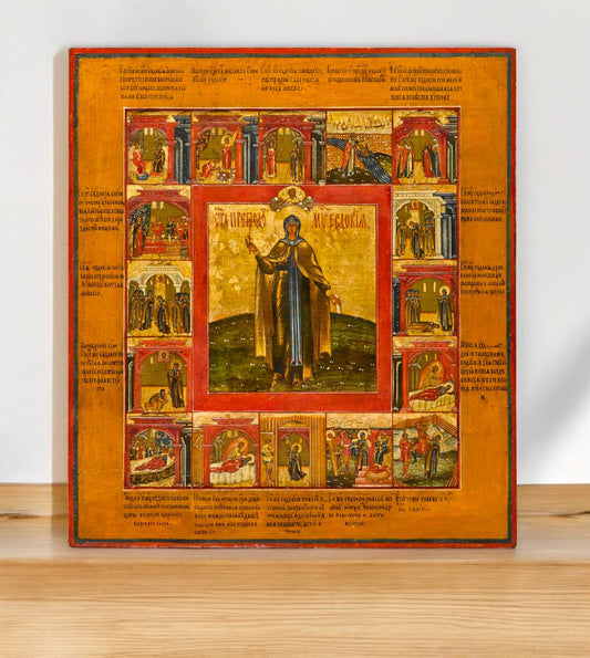 Saint Venerable Martyr Eudokia of Heliopolis with scenes from her life. Wooden orthodox icon.