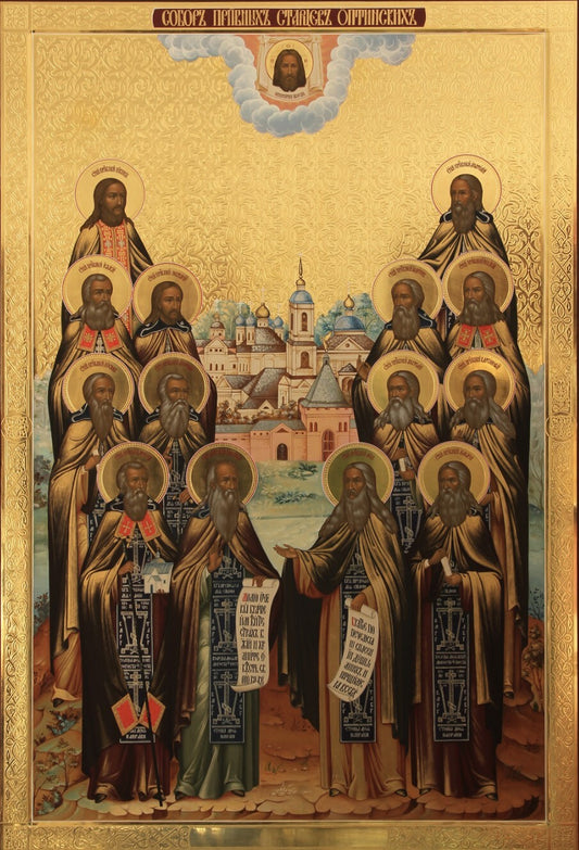 The Assembly of the Venerable Optina Elders. Wooden icon.