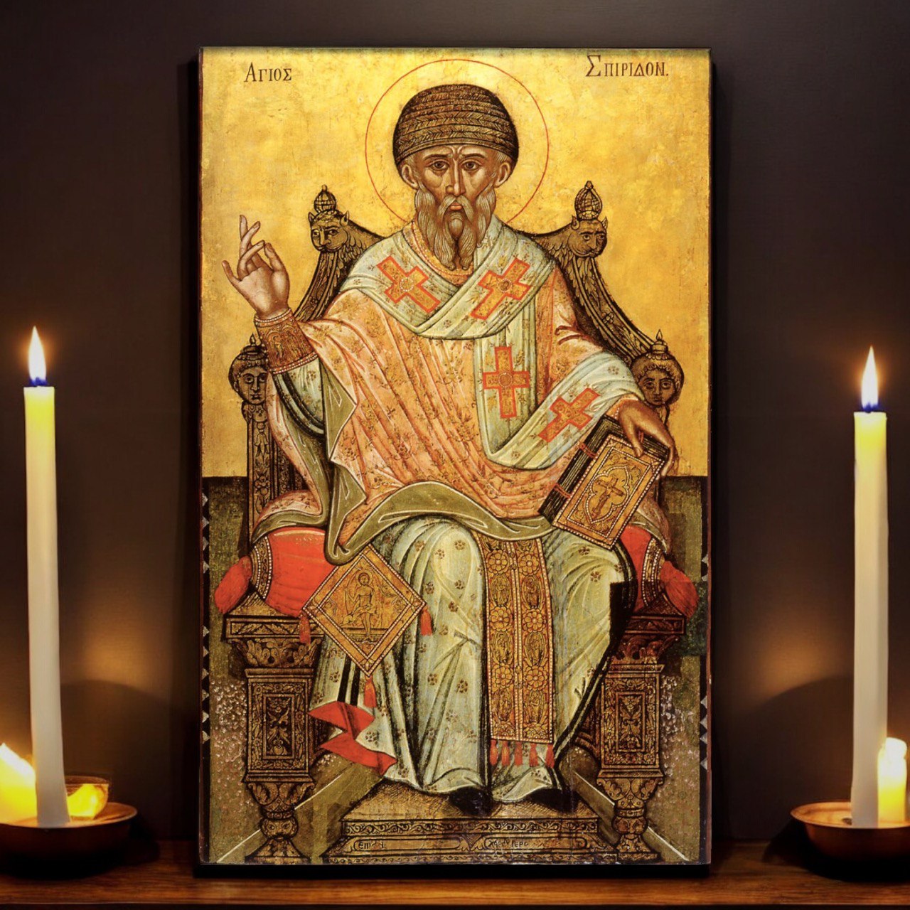 Saint Spyridon of Trimifunt. Wooden orthodox icon