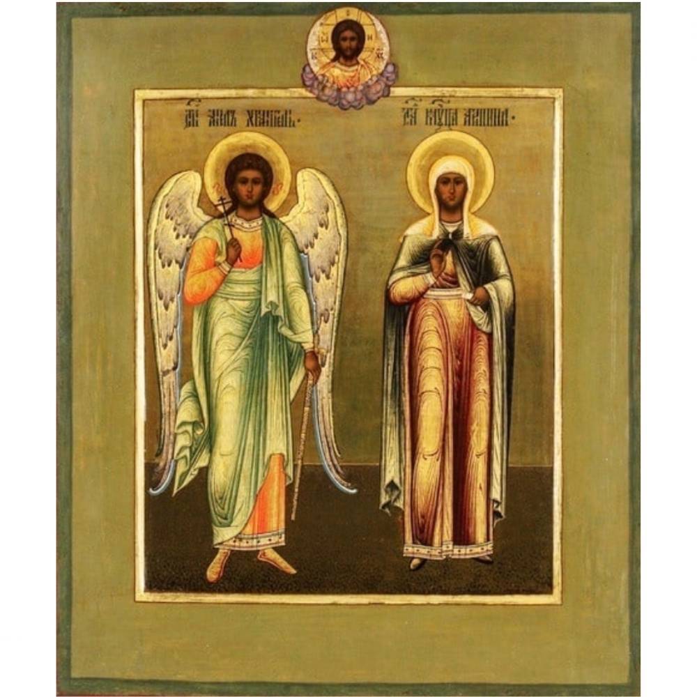 Saint Aquilina of Byblos or Thessalonica and Angel-Guardian. Wooden orthodox icon.