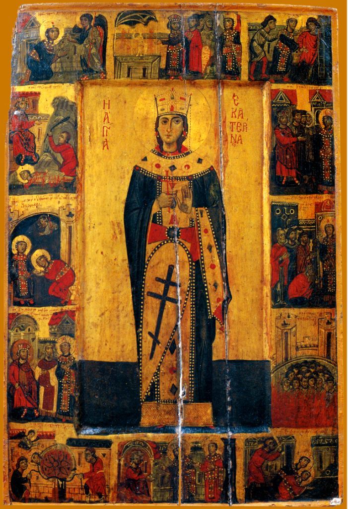 Saint Great Martyr Catherine of Alexandria, with Scenes from Her Life. Wooden orthodox icon.