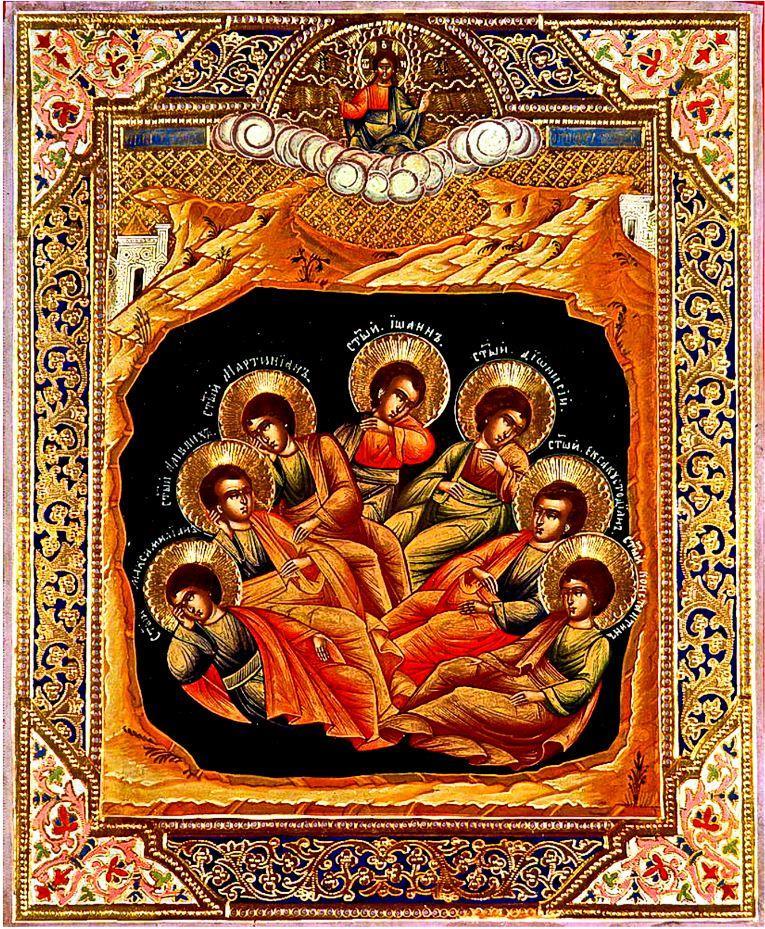 The Seven Sleepers of Ephesus. Wooden orthodox icon.