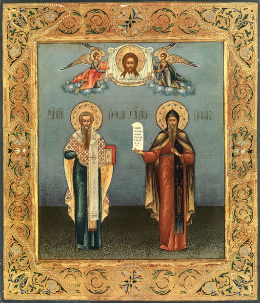 Equal-to-the-Apostles Saints Cyril and Methodius. Wooden orthodox icon.