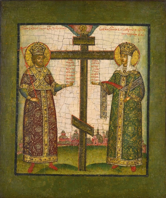 Equal-to-the-Apostles Saints Constantine and Helen. Wooden orthodox icon.