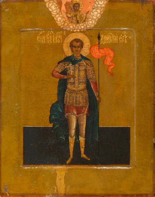 Saint Great Martyr Demetrius of Thessaloniki or Demetrios the Myroblyte. Wooden orthodox icon.