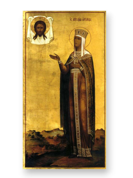 Alexandra of Rome, Queen of Nicomedia, Martyr before the Icon of the Savior Not Made by Hands. Wooden orthodox icon. icons