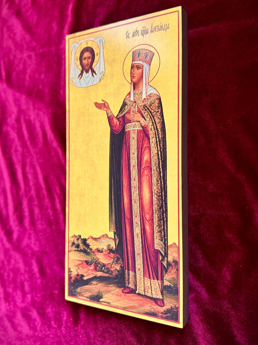 Alejandra de Roma, reina de Nicomedia, mártir ante el icono del Salvador no hecho por manos humanas. Icono ortodoxo de madera.