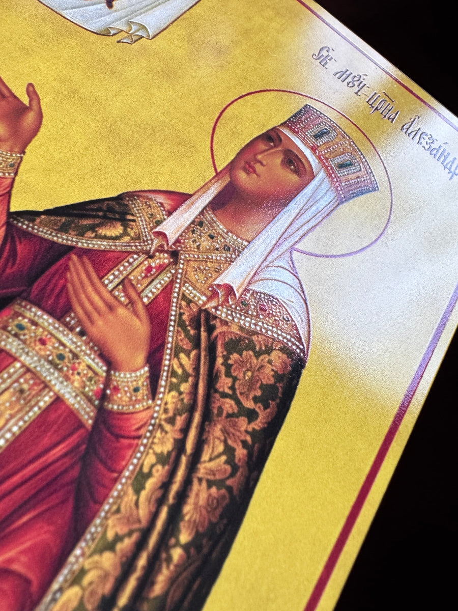 Alejandra de Roma, reina de Nicomedia, mártir ante el icono del Salvador no hecho por manos humanas. Icono ortodoxo de madera.