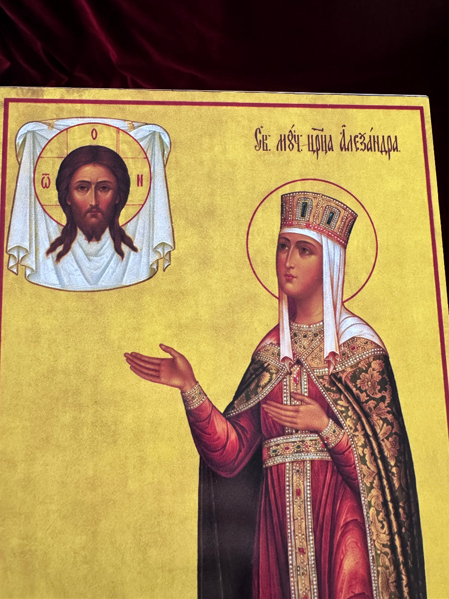 Alejandra de Roma, reina de Nicomedia, mártir ante el icono del Salvador no hecho por manos humanas. Icono ortodoxo de madera.