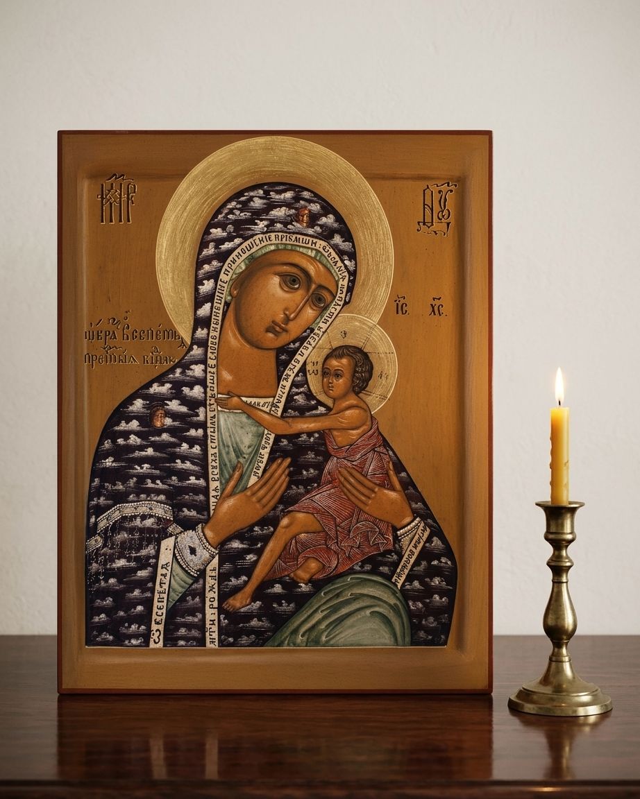 O All Hymned Mother Orthodox icon with Church Slavonic inscriptions