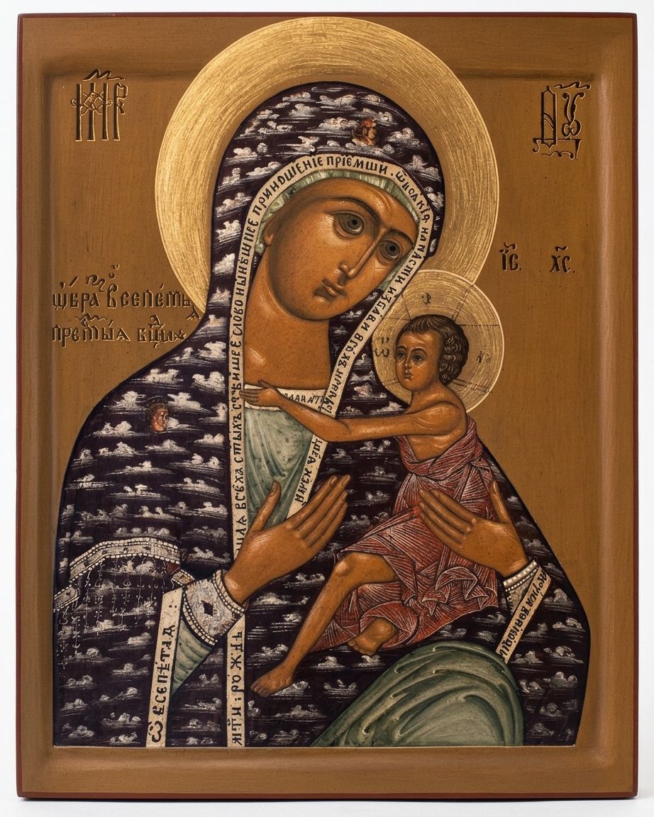 Arapetskaya Arabian Mother of God icon with Christ Child and cloud patterned mantle