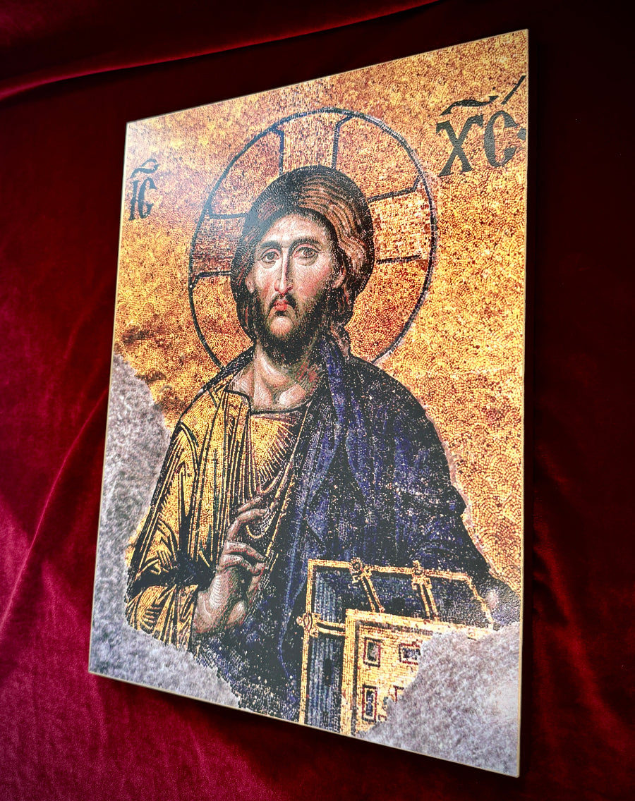 Icon of the Lord Pantocrator Jesus Christ, ancient mosaic fresco from Hagia Sophia in Constantinople