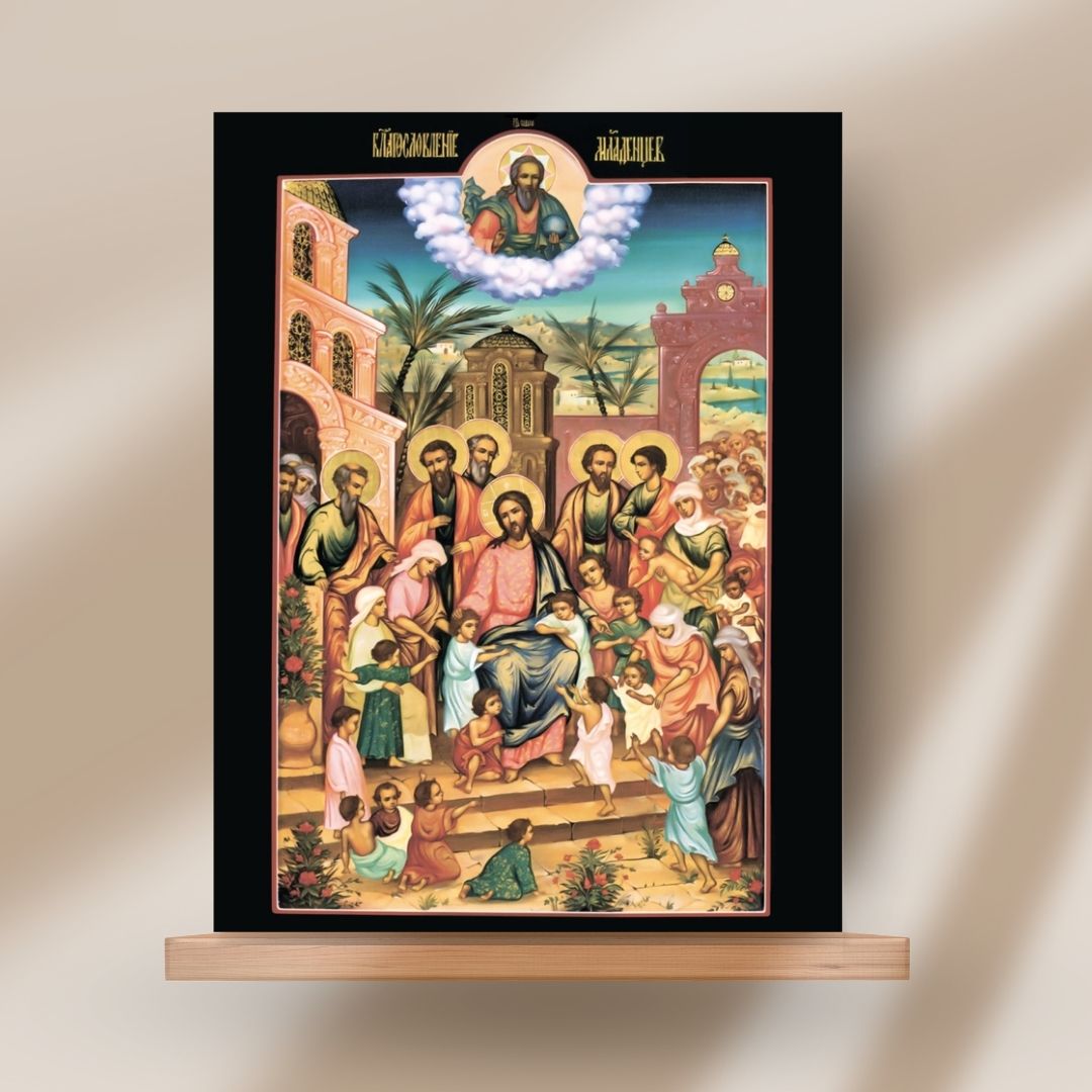 Orthodox Wooden Icon of Christ Blessing the Children – Handmade Christian Wall Art, Spiritual Gift, Baptism or Prayer Corner Decor