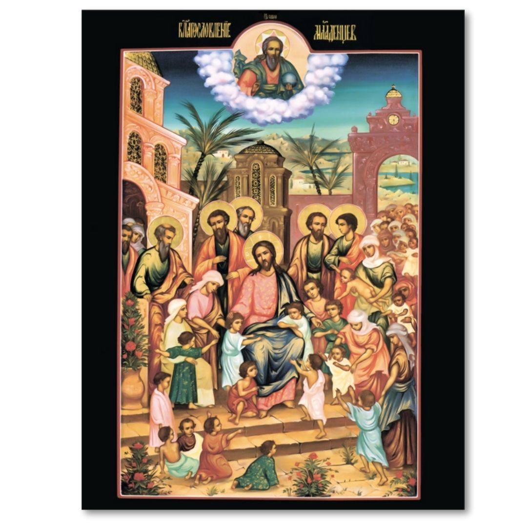 Wooden Orthodox Icon of Jesus Christ Blessing the Children – Handmade Christian Religious Art