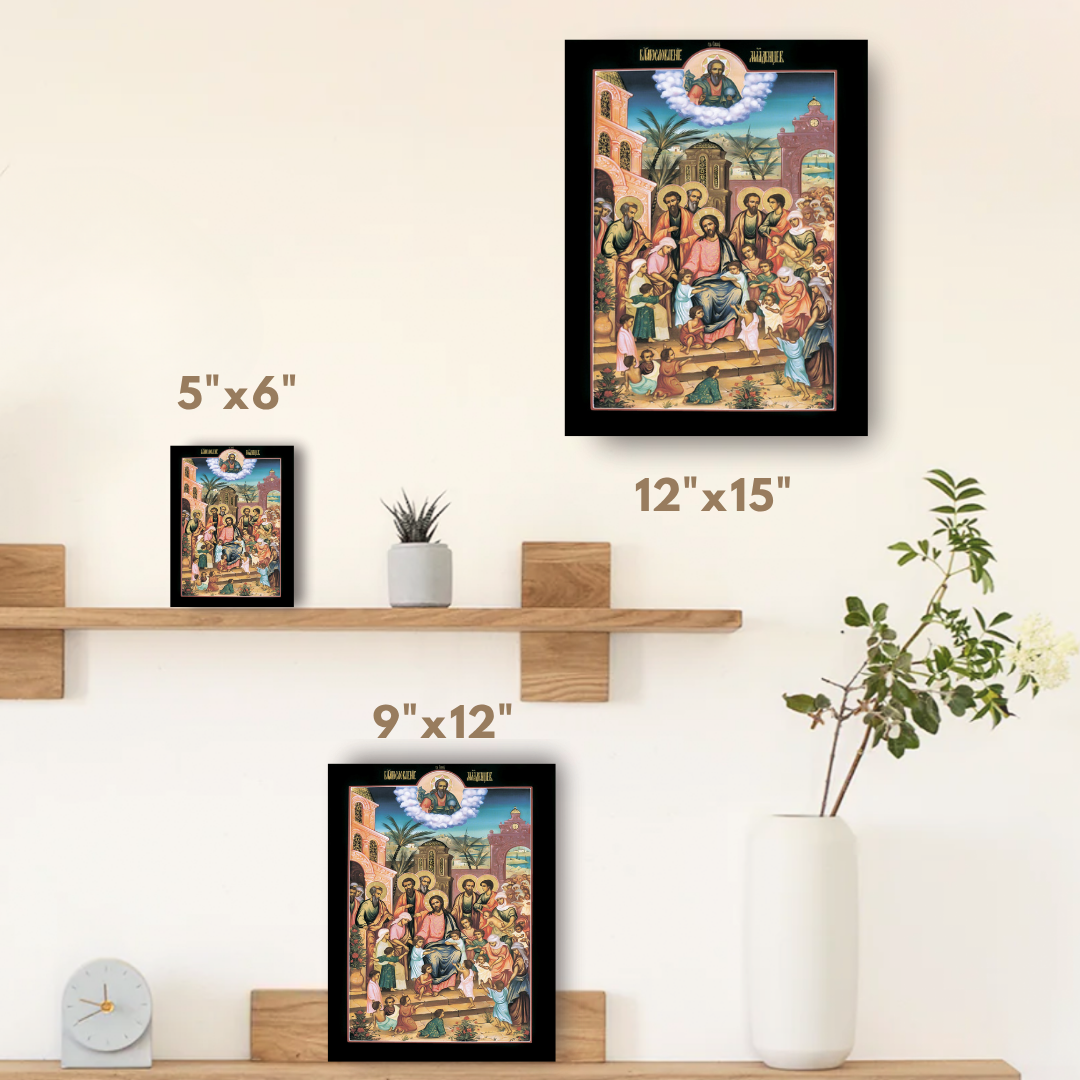 O Senhor Jesus Cristo, o Salvador, abençoa as crianças ("Bênção das Crianças"). Ícone ortodoxo de madeira.