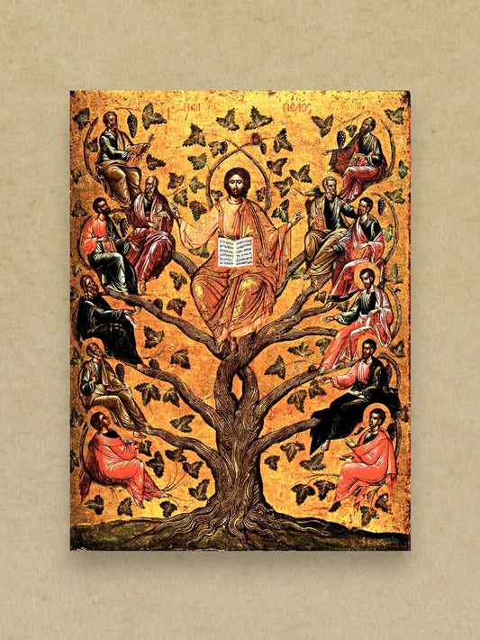 Jesus Christ seated in grapevine surrounded by twelve apostles Orthodox icon