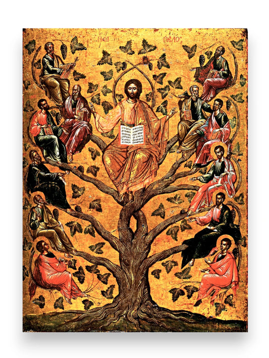 Christ the True Vine with Twelve Apostles, 16th century Greek Byzantine icon
